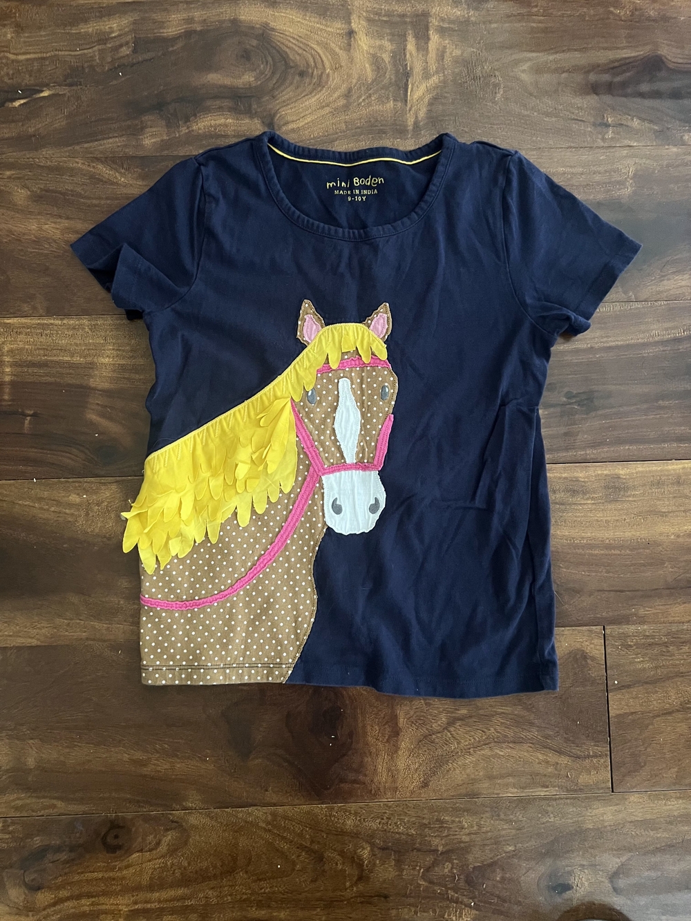 Mini Boden Navy Tee with Yellow Mane Horse Appliqué